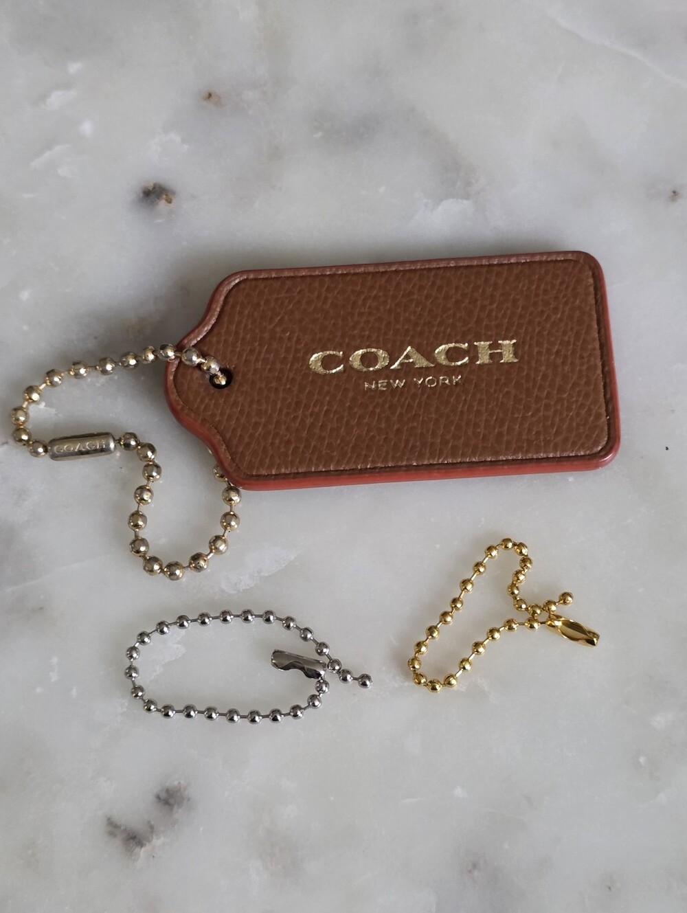 COACH Rare Reversible Brown XL Leather Tag Keychain with Gold-tone Ball Chain